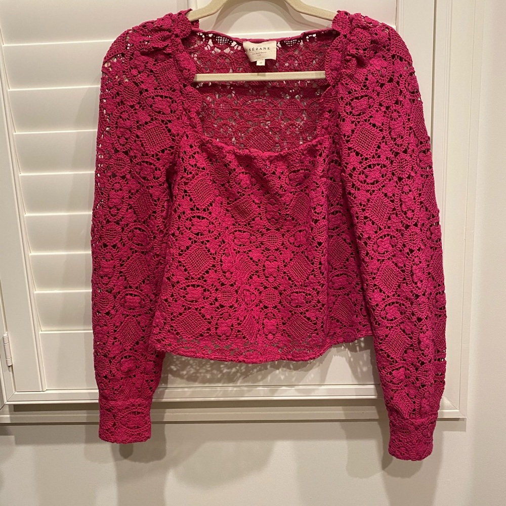 Sezane Magenta Cropped Lace Blouse